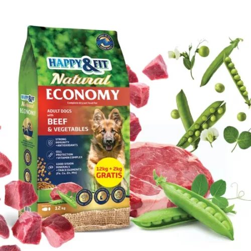 Happy Fit Natural Economy Adult with Beef and Vegetables 12+2kg ajándék
