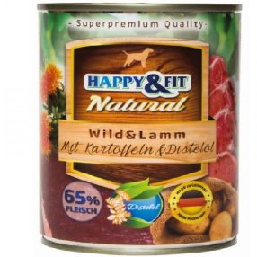   Happy Fit Natural Dog Konzerv Vadhús Bárány Burgonyával-Sáfrányolajjal 400g