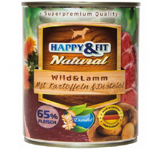 Happy Fit Natural Dog Konzerv Vadhús Bárány Burgonyával-Sáfrányolajjal 400g