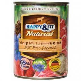   Happy Fit Natural Dog Konzerv Junior Bárány Marha Rizzsel-Lenmagolajjal 400g