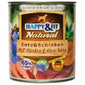   Happy Fit Natural Dog Konzerv Kacsa-Sonka Sütőtökkel-Aloe Verával 400g