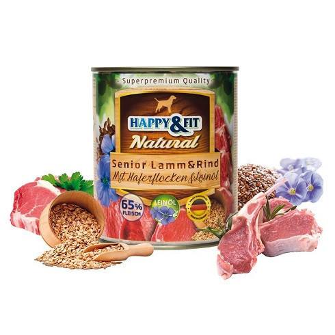 Happy&Fit Natural Dog Konzerv Senior Bárány Marha Zabliszttel Lenmagolajjal 800g